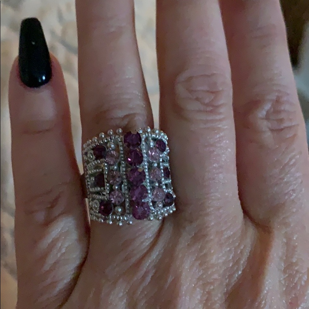 Purple rhinestone ring with silver band